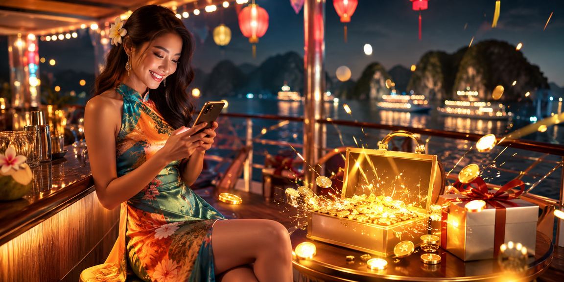 Người phụ nữ mặc áo dài xem thể thao và cá cược trực tuyến trên điện thoại tại vịnh Hạ Long