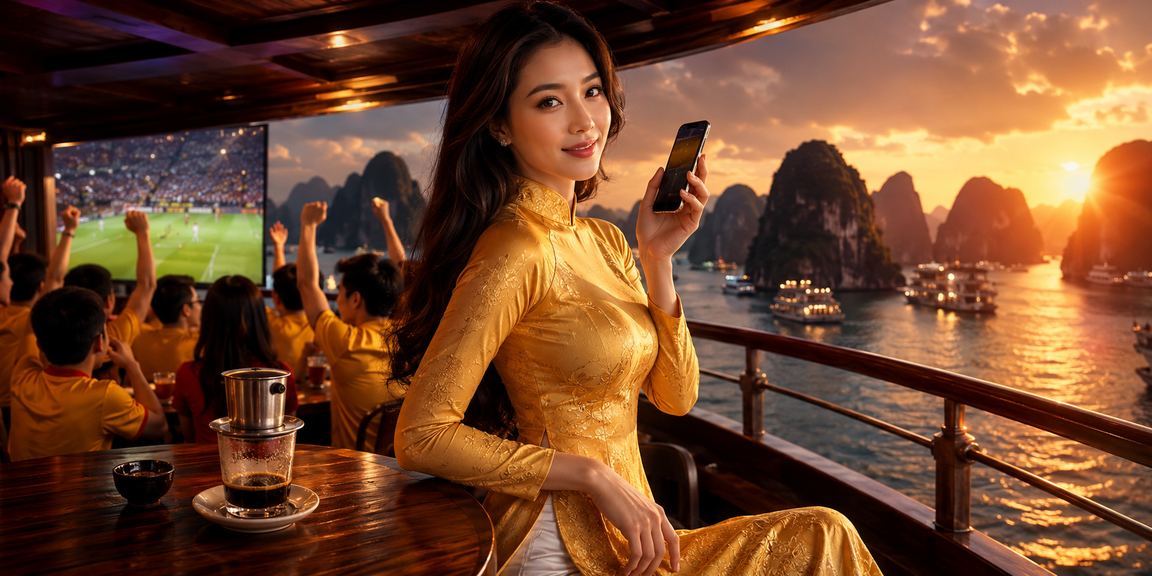 Người phụ nữ áo dài đăng ký tài khoản casino trên điện thoại tại vịnh Hạ Long