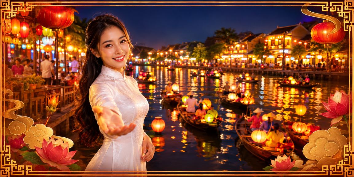 Người dùng ketquade duyệt trang casino trực tuyến tại Hội An với áo dài truyền thống